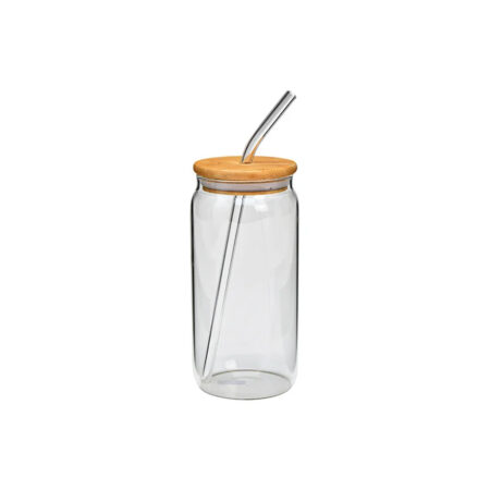 Szklany pojemnik z bambusową pokrywką i szklaną słomką 590ml